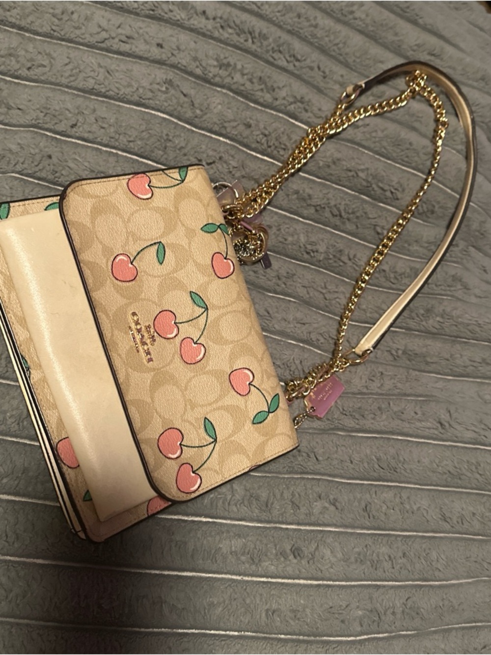 Coach Beige Cherry Print Chain Crossbody Bag with Gold Hardware
